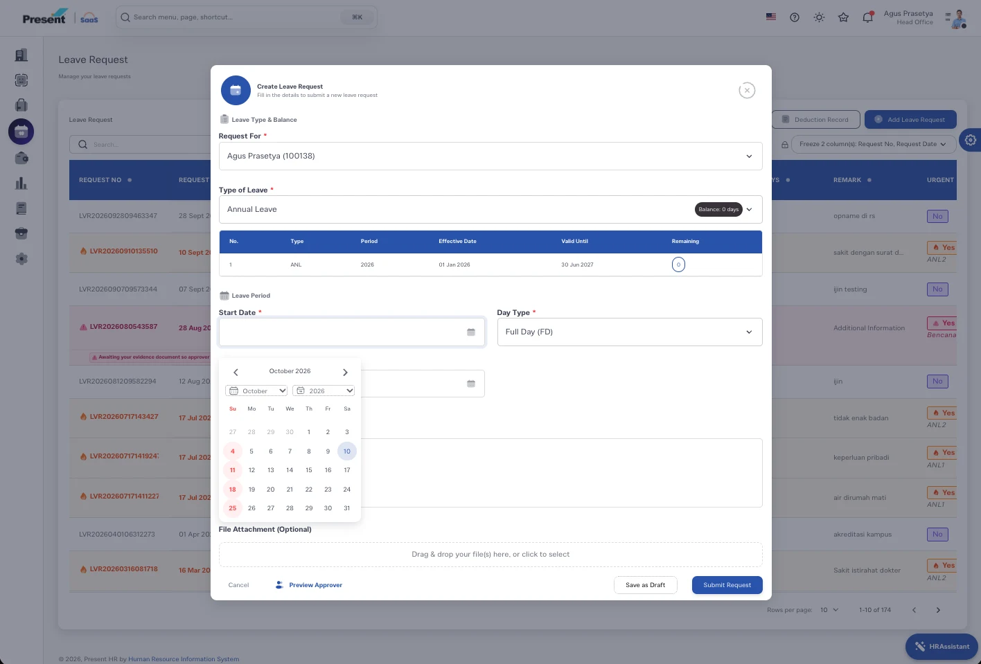Tampilan Antarmuka Dasbor Pengajuan Cuti Create Leave Request PresentHR