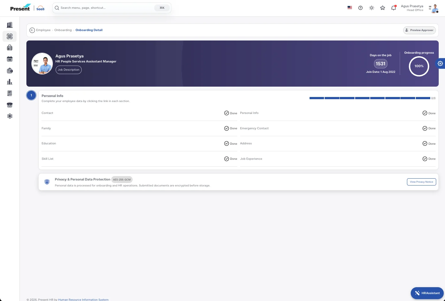 Tampilan Antarmuka Dasbor Detail Onboarding Karyawan Baru PresentHR