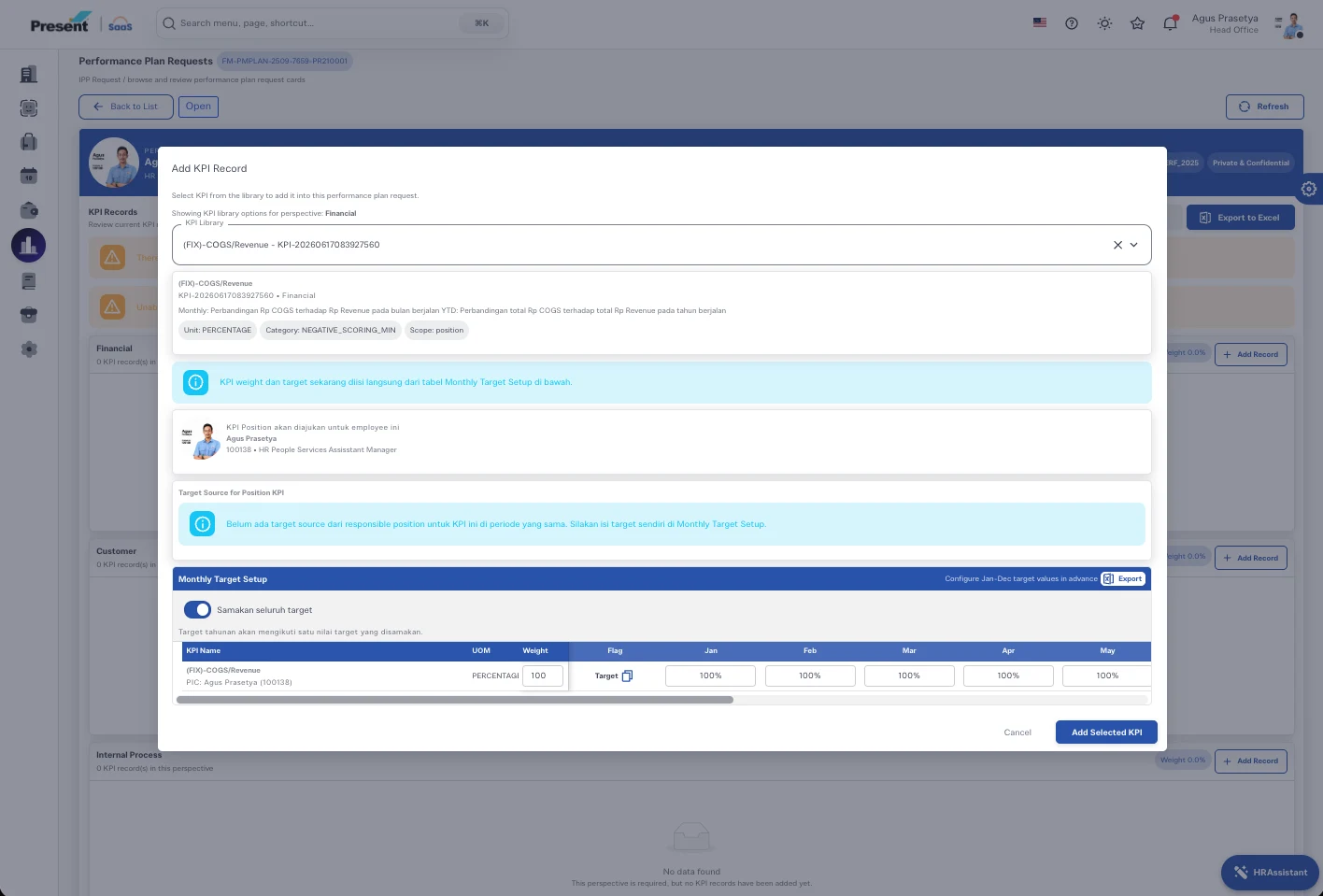 Tampilan Antarmuka Dasbor Rencana Kinerja Performance Plan Request PresentHR